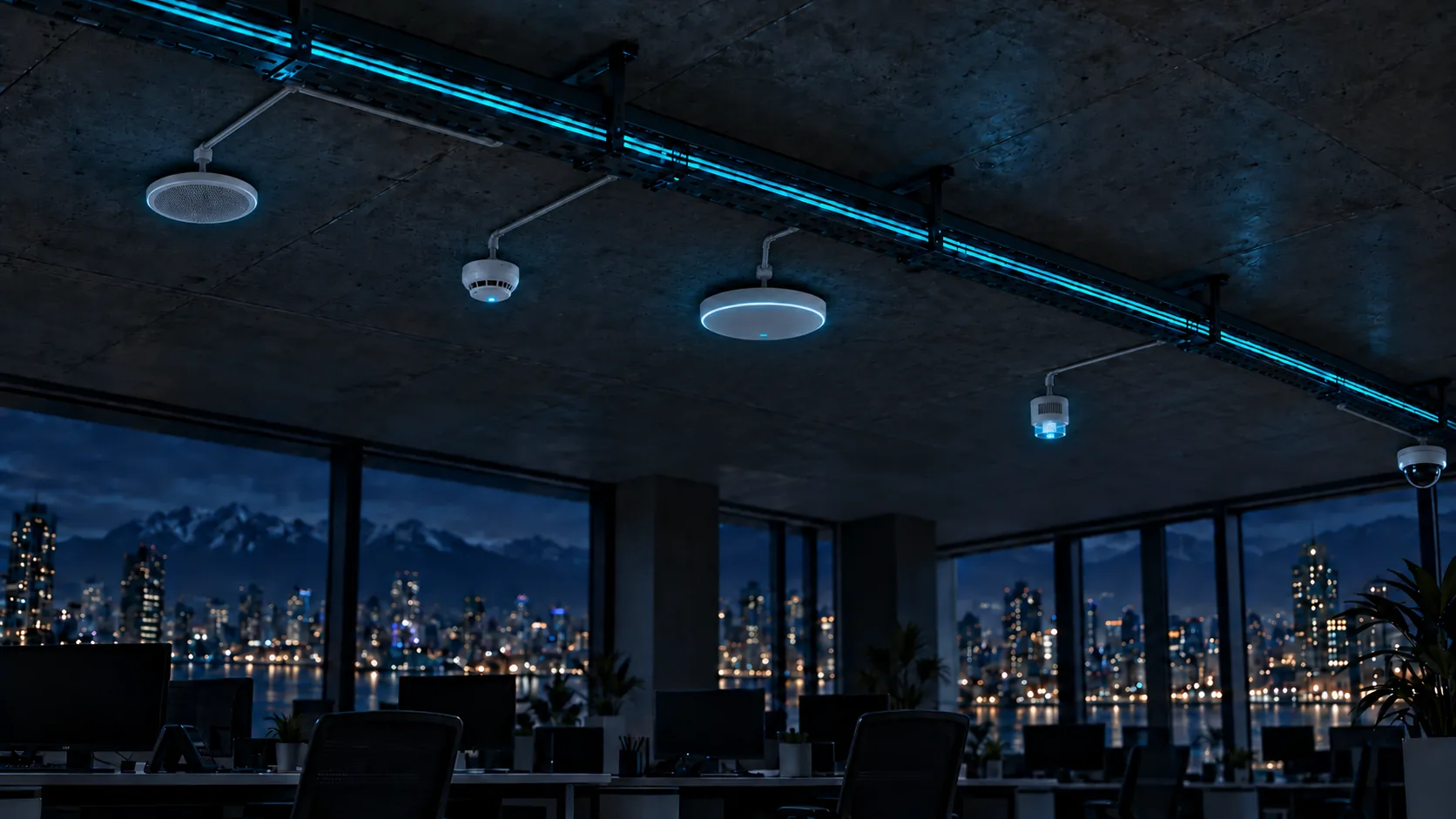 Office ceiling with access point, speaker, dome camera and alarm sounder