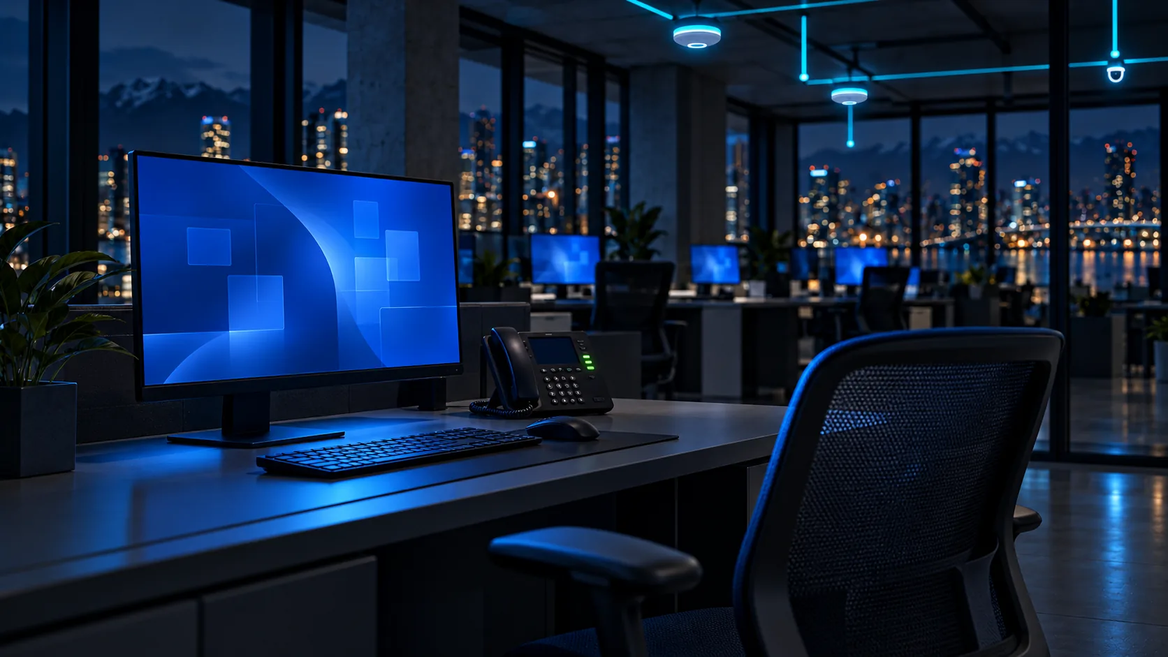 Workstation with monitor and VoIP phone