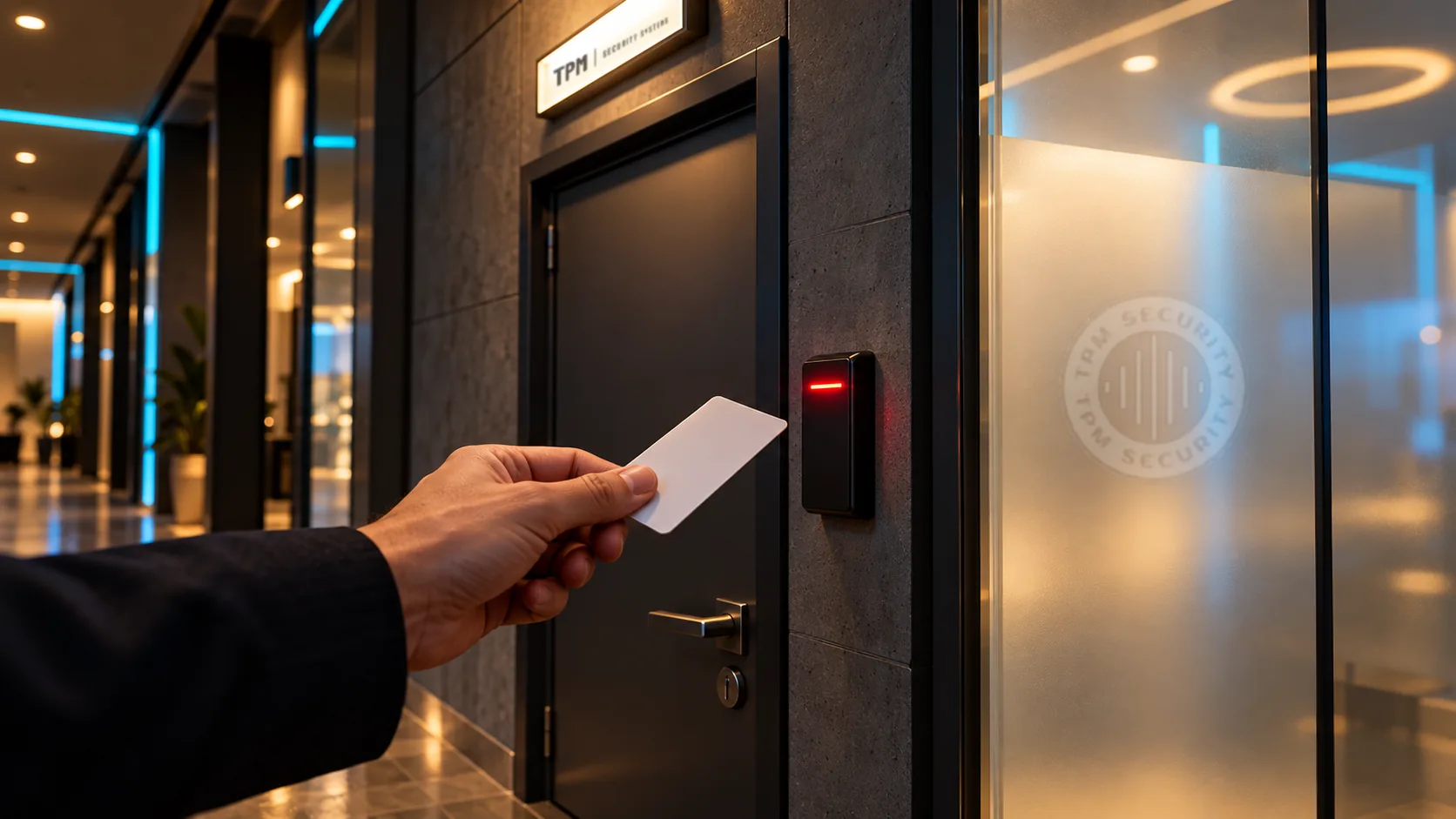 Access card held up to a card reader beside a secure door