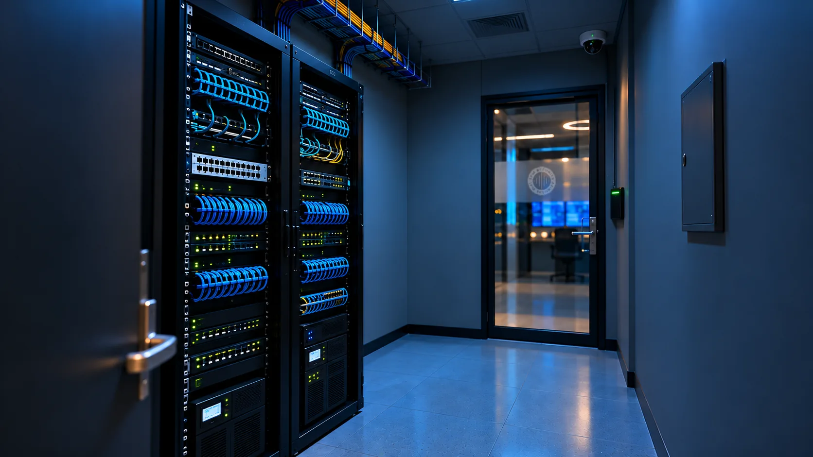 Server room with network racks and a glass door to the control room