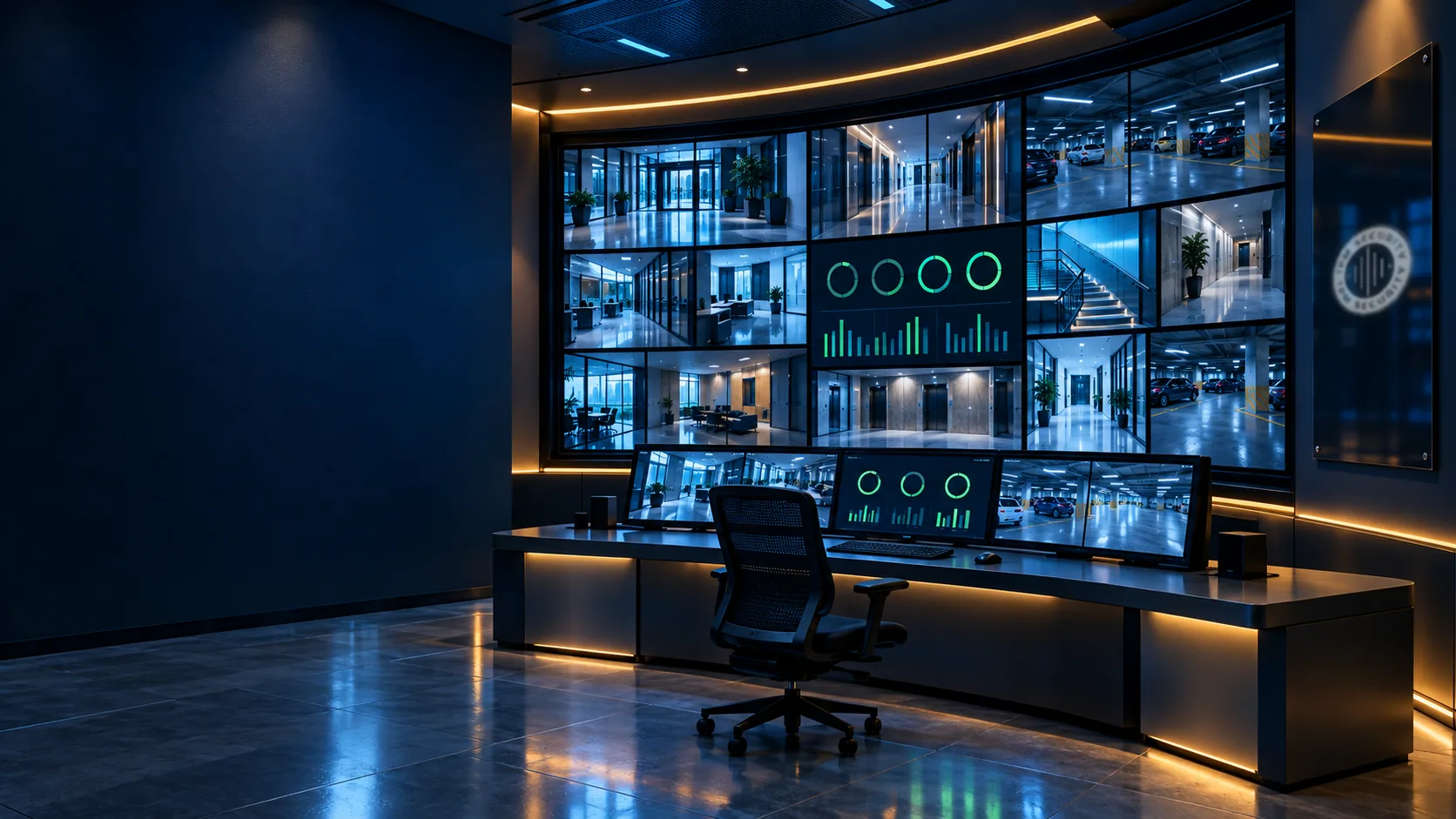 Security control room with a video wall of live camera feeds